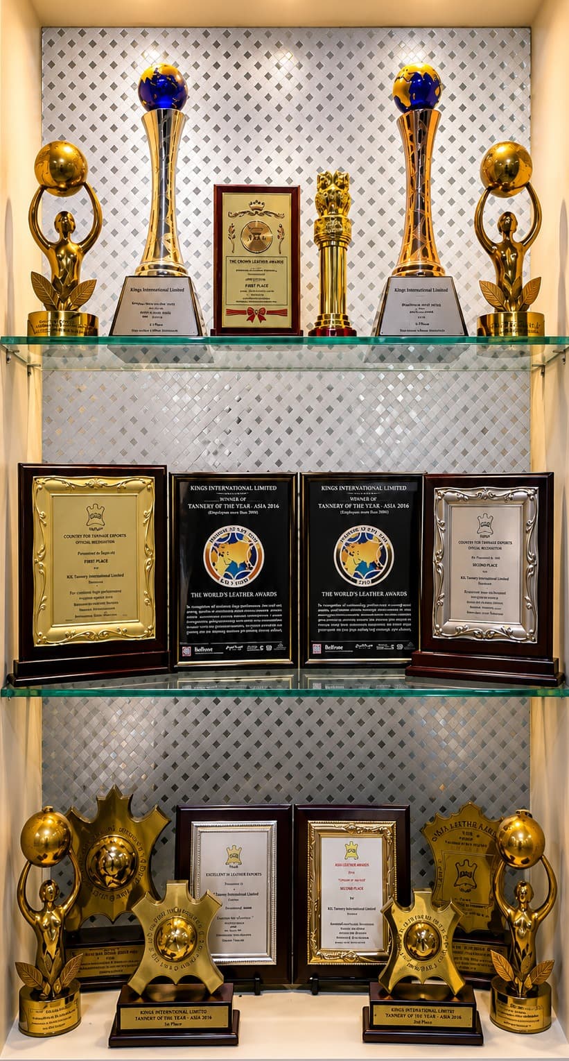 Kings International's awards cabinet - Tannery of the Year Asia 2016 and industry recognitions