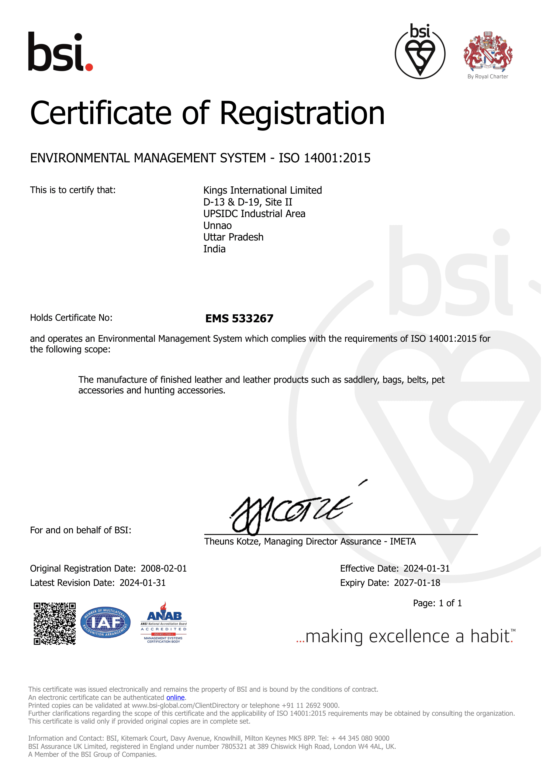 BSI Certificate of Registration - ISO 14001:2015 Environmental Management System - Kings International Limited
