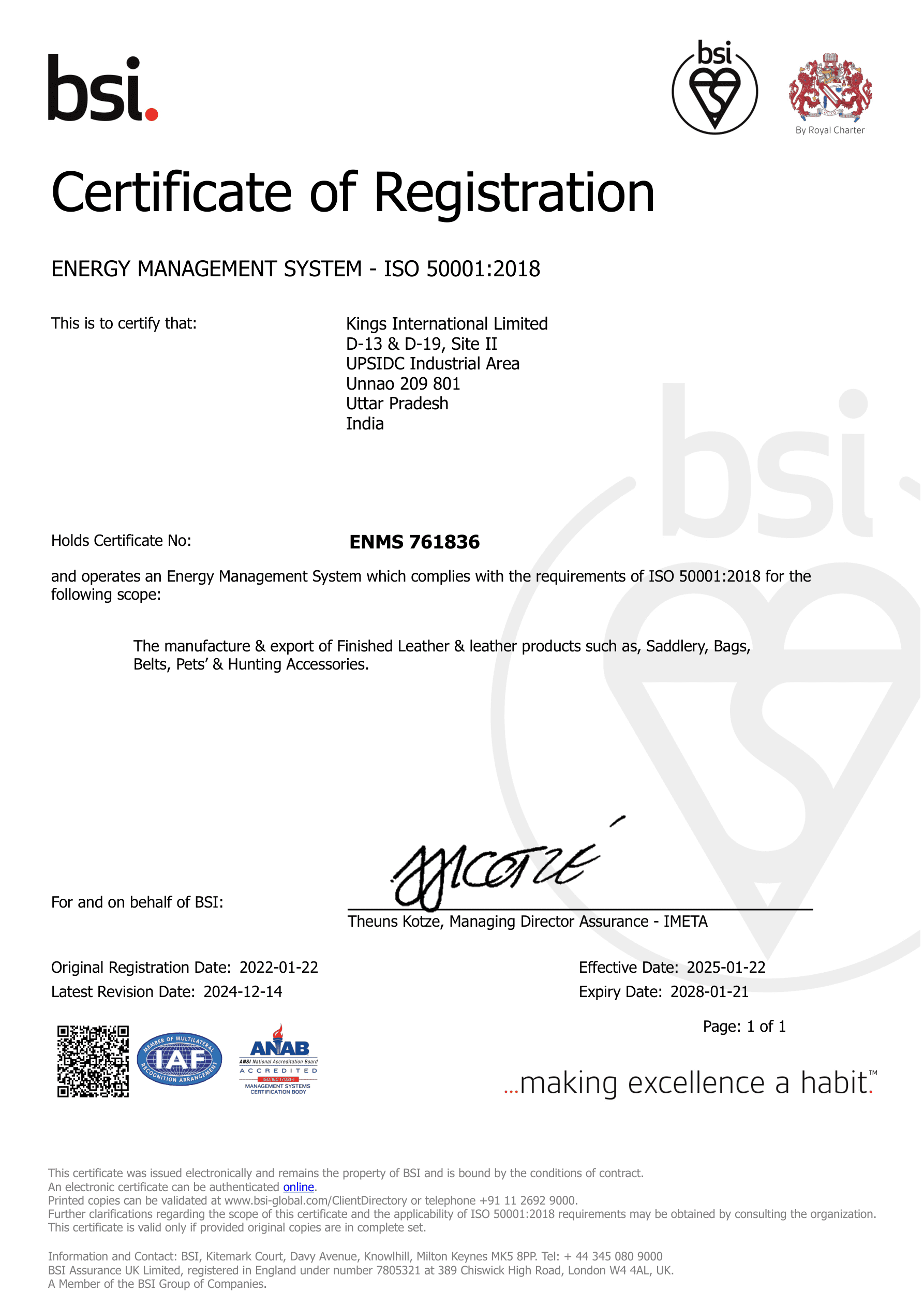 BSI Certificate of Registration - ISO 50001:2018 Energy Management System - Kings International Limited