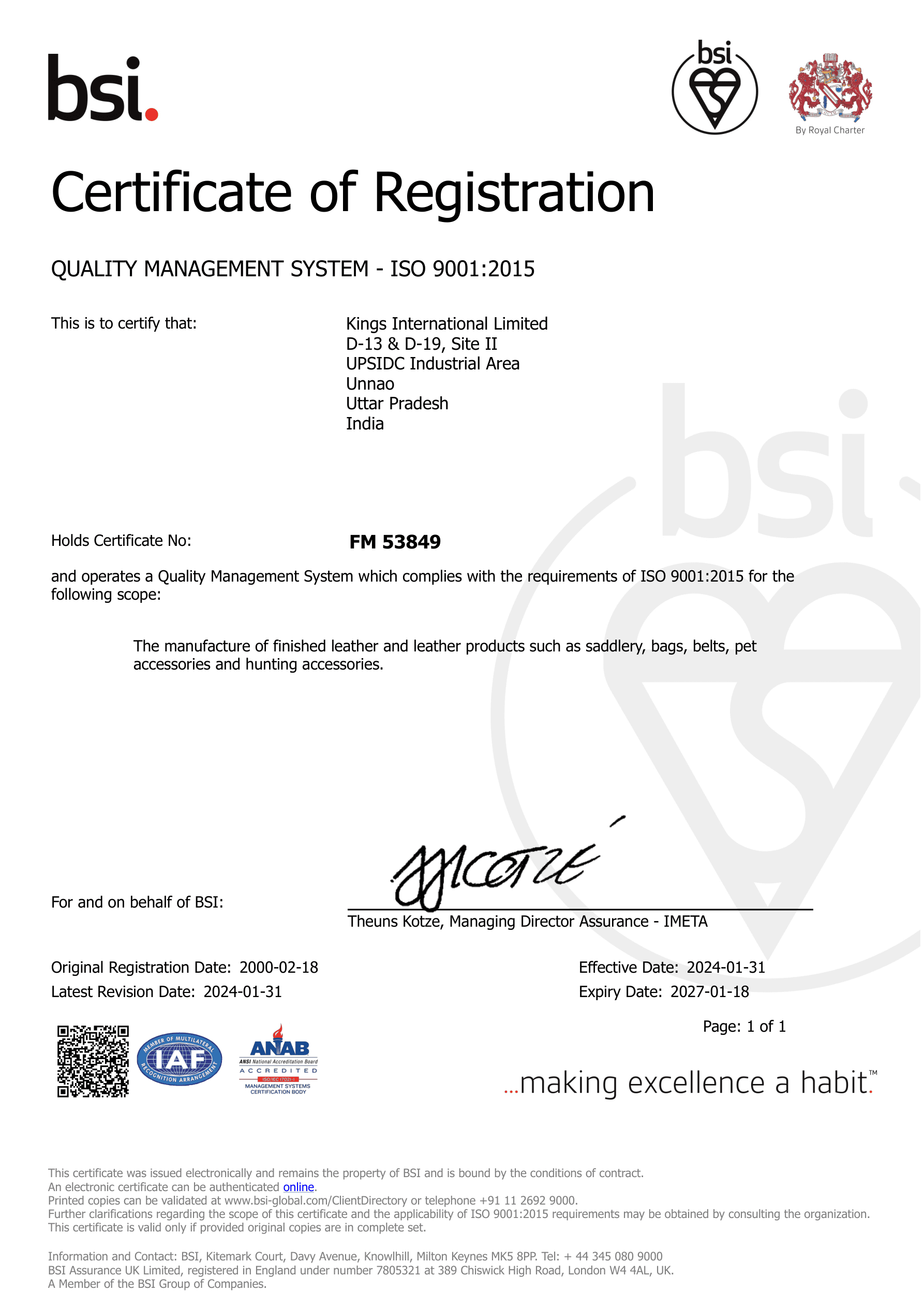 BSI Certificate of Registration - ISO 9001:2015 Quality Management System - Kings International Limited