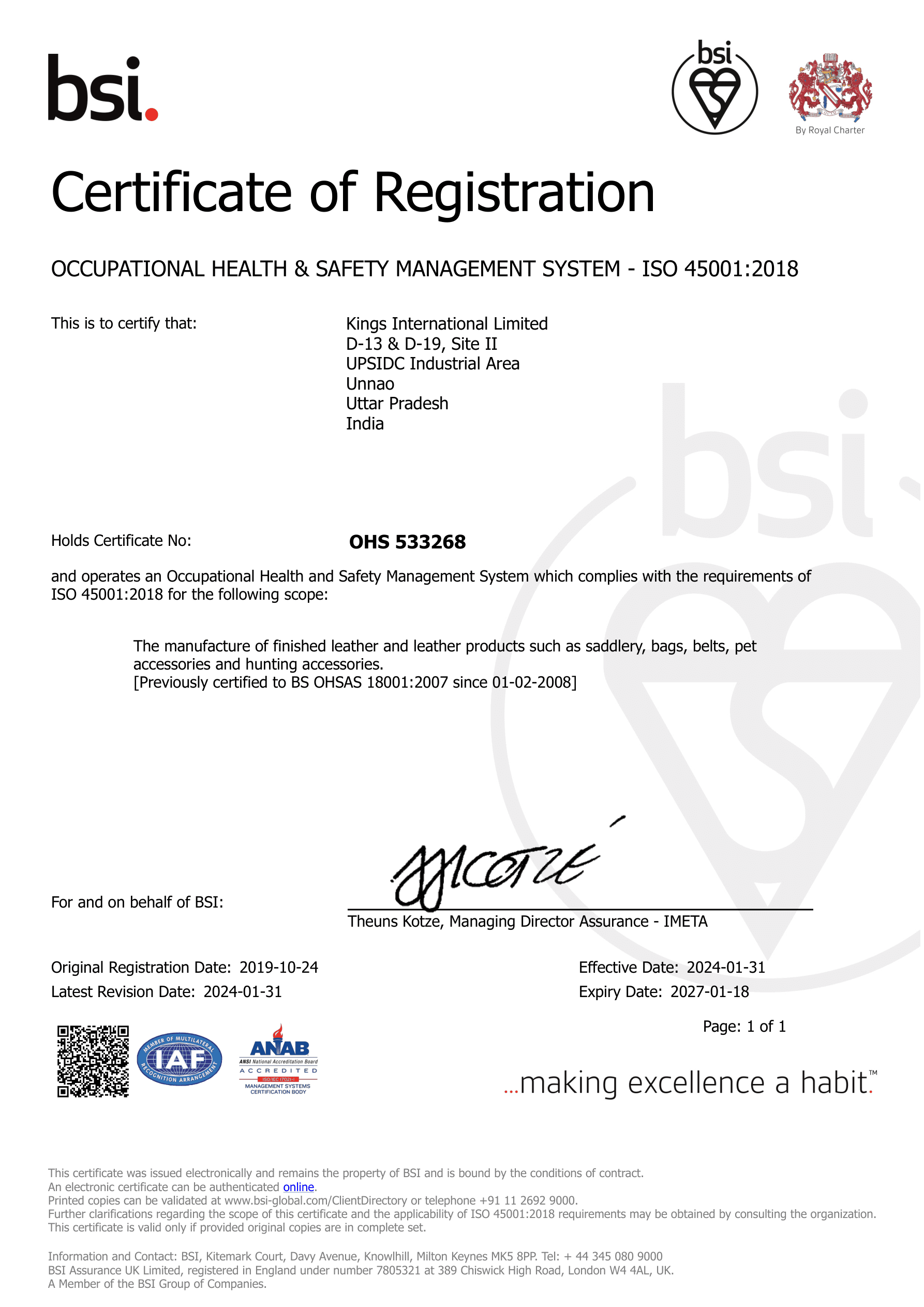 BSI Certificate of Registration - ISO 45001:2018 Occupational Health & Safety Management System - Kings International Limited