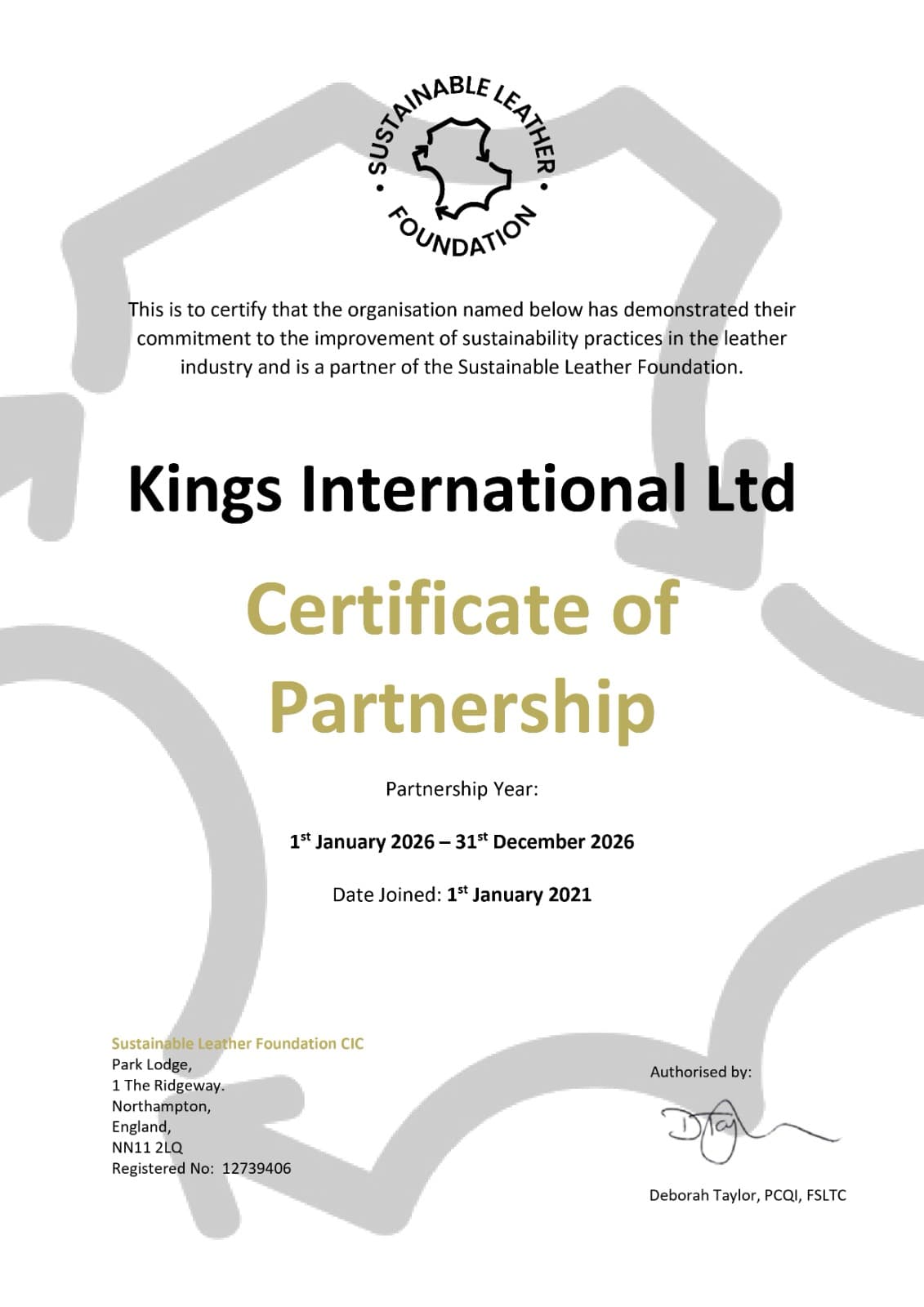 Sustainable Leather Foundation Certificate of Partnership - Kings International Ltd