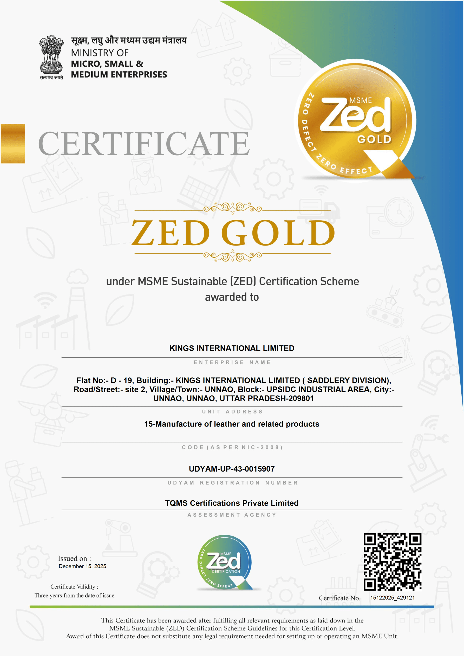 MSME Sustainable ZED Gold certificate - Kings International Ltd, Saddlery Division