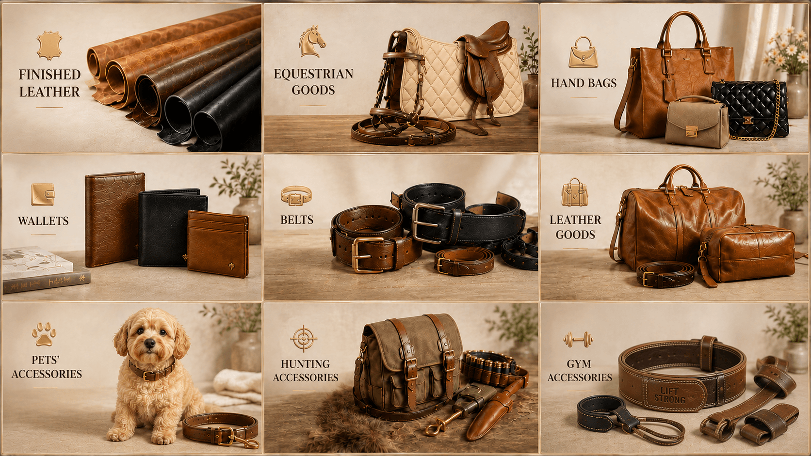 Our product categories - finished leather, equestrian goods, hand bags, wallets, belts, leather goods, pets' accessories, hunting accessories and gym accessories