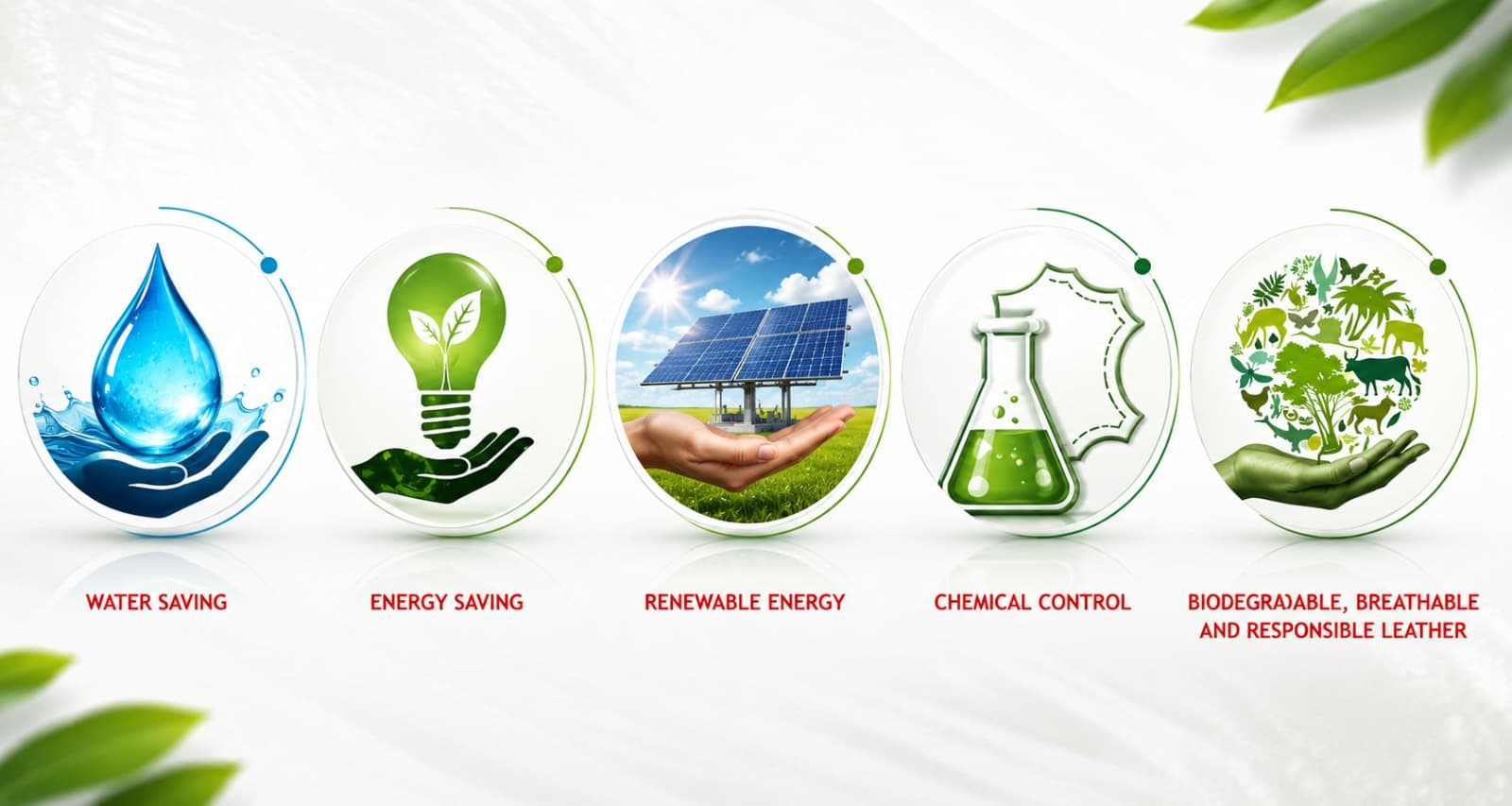 Kings International's five sustainability pillars: Water Saving, Energy Saving, Renewable Energy, Chemical Control, and Biodegradable, Breathable and Responsible Leather