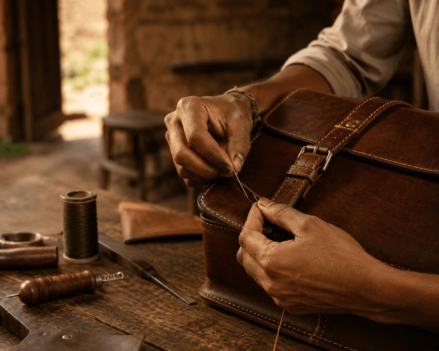 Artisan hand-stitching leather